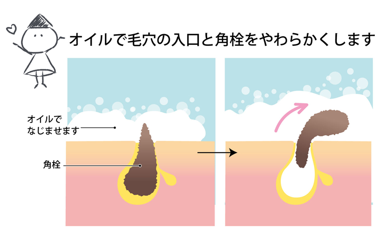 角栓は脂ベースなので、オイルで毛穴の入り口を柔らかくします