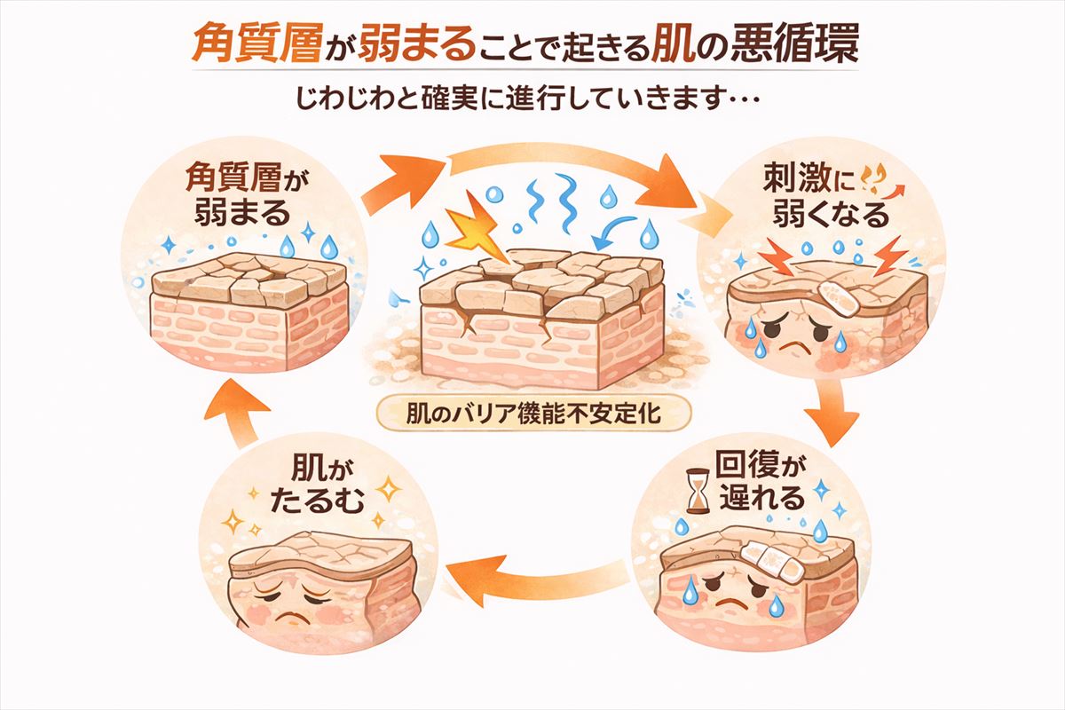 内側では、水分が足りず、角質層が緊張し、バリア機能が不安定に
