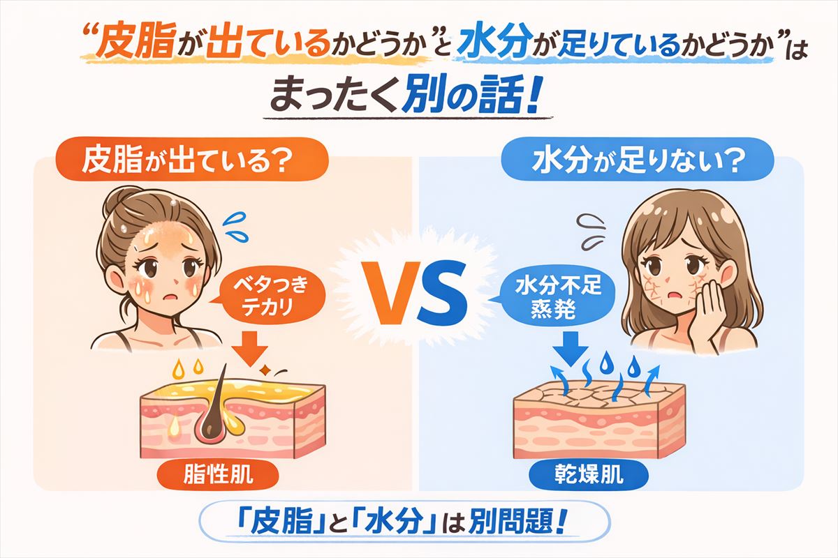 皮脂が出ているかどうかと、水分が足りているかどうかは、まったく別の話