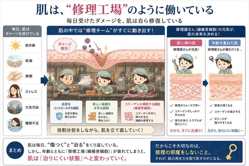 炎症をコントロールする細胞、新しい組織を作る細胞、コラーゲンを補修する細胞と まるで工事現場のよう