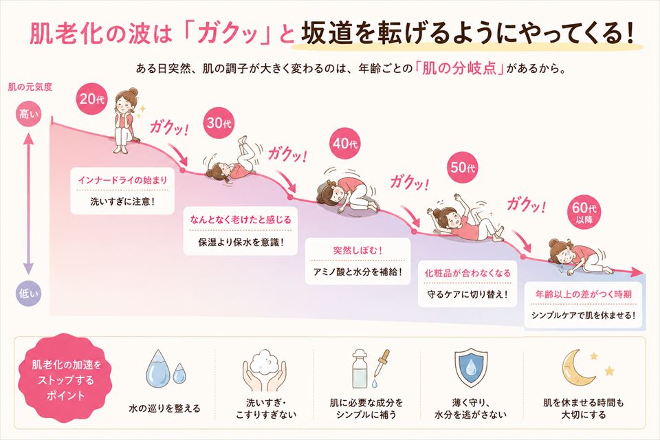 坂道を転げ落ちるように変化する肌