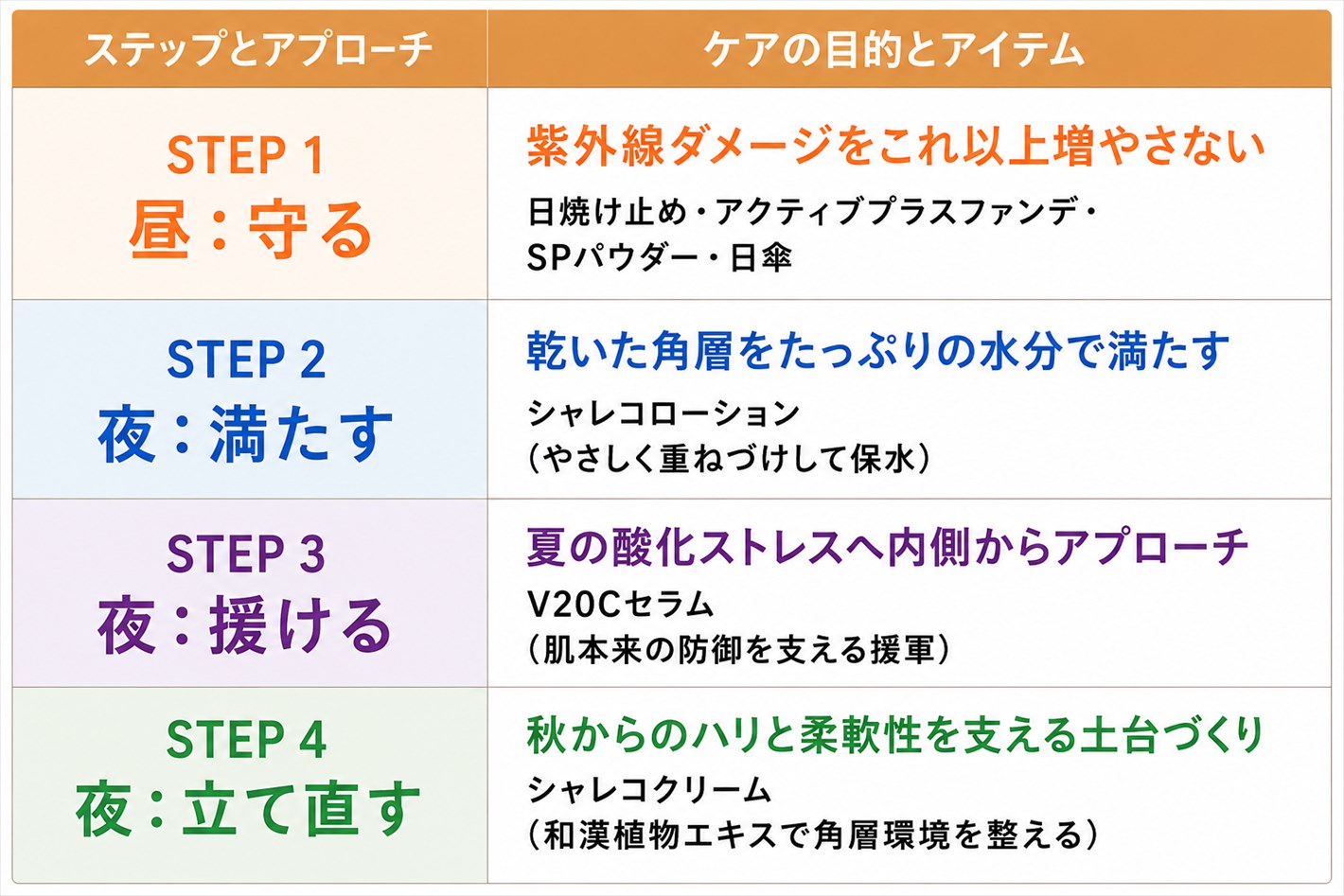 秋美肌へつなぐ「4つのステップ」