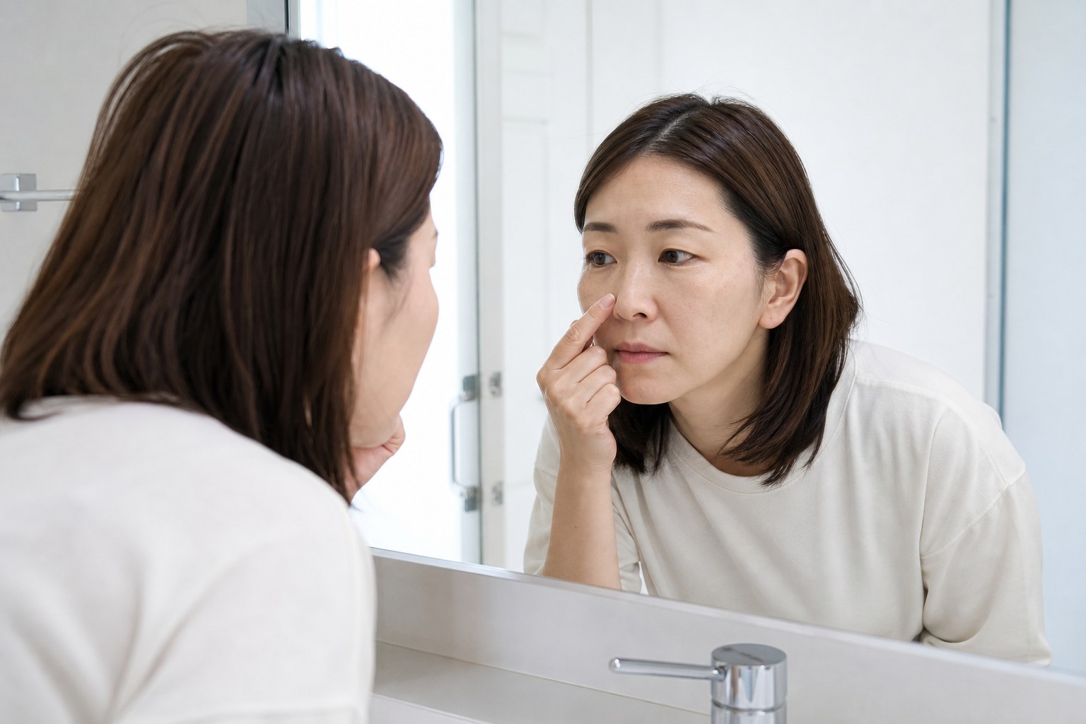 洗面台の鏡に顔を近づけて小鼻の毛穴を見つめる30代女性