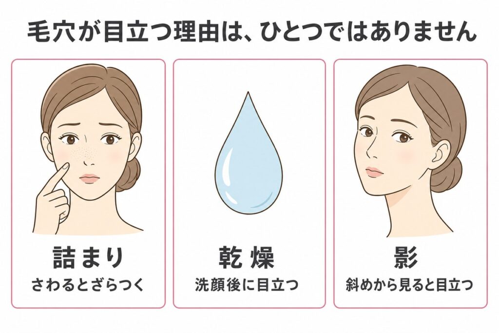 毛穴が目立つ理由を詰まり・乾燥・影の3つの視点で分けた図