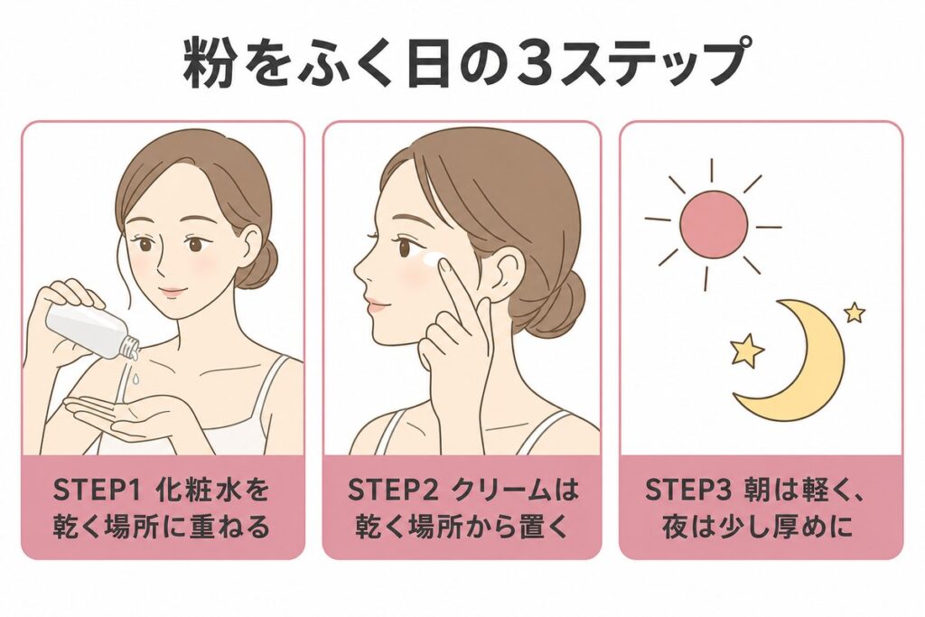 粉をふく日の3ステップ。化粧水を乾く場所に重ね、クリームは乾く場所から置き、朝は軽く夜は少し厚めにする図