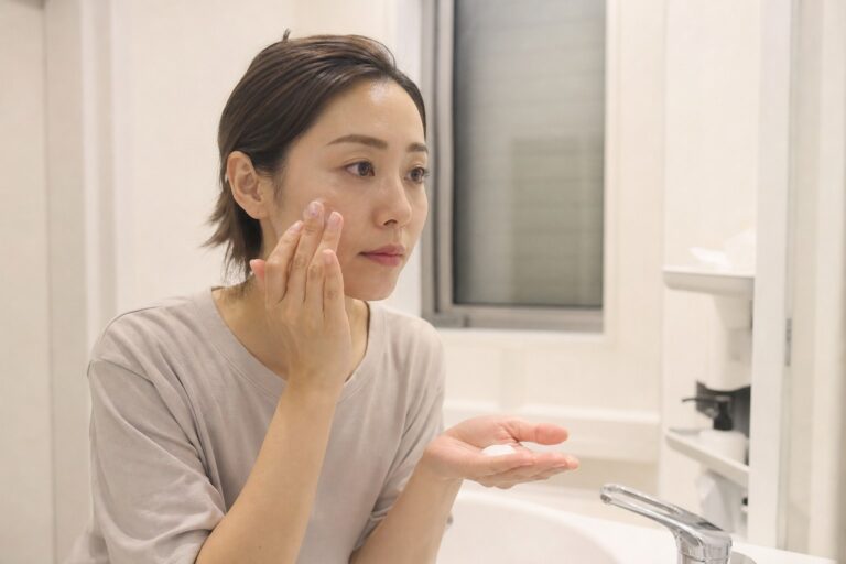 夜の洗面所でクレンジングクリームを頬にのせようとする30代女性
