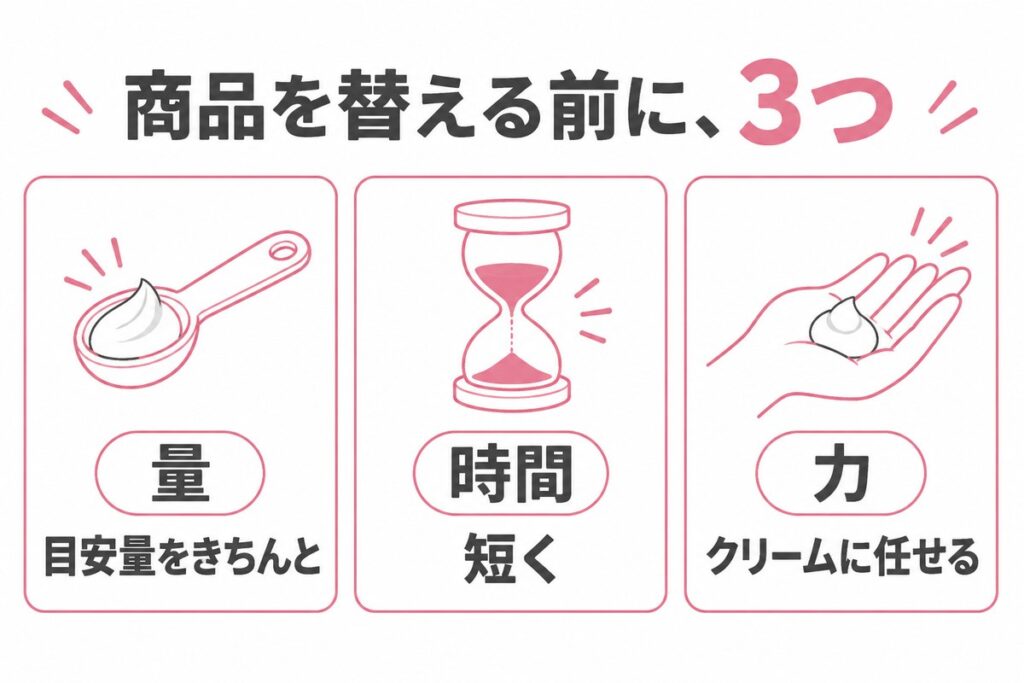 商品を替える前に見直す3点。量は目安量をきちんと、時間は短く、力はクリームに任せる図