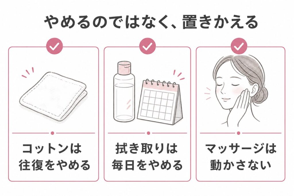 コットンは往復をやめる、拭き取りは毎日をやめる、マッサージは動かさない、の置きかえ3つの図