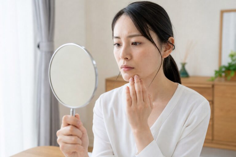 顎まわりの繰り返すニキビを気にする30代女性