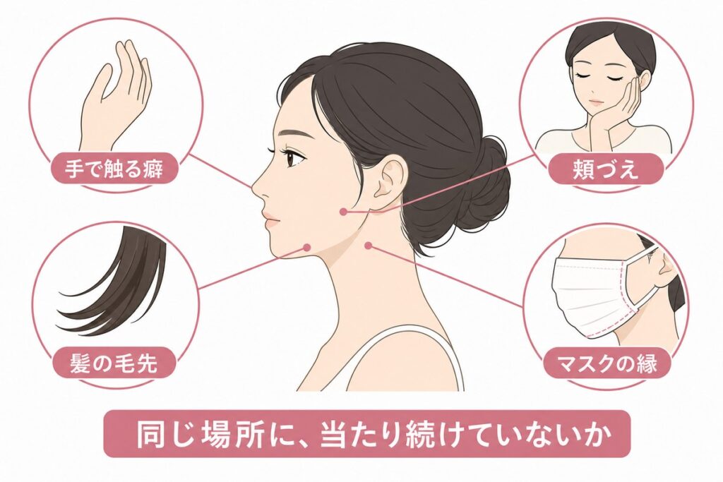 手・髪・マスクが無意識に肌へ触れる場面の図