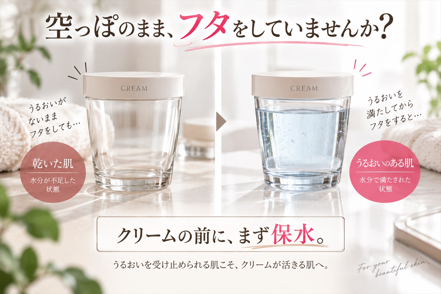 「保湿(油分で覆う)より先に、まず保水(水分で満たす)」ということです。