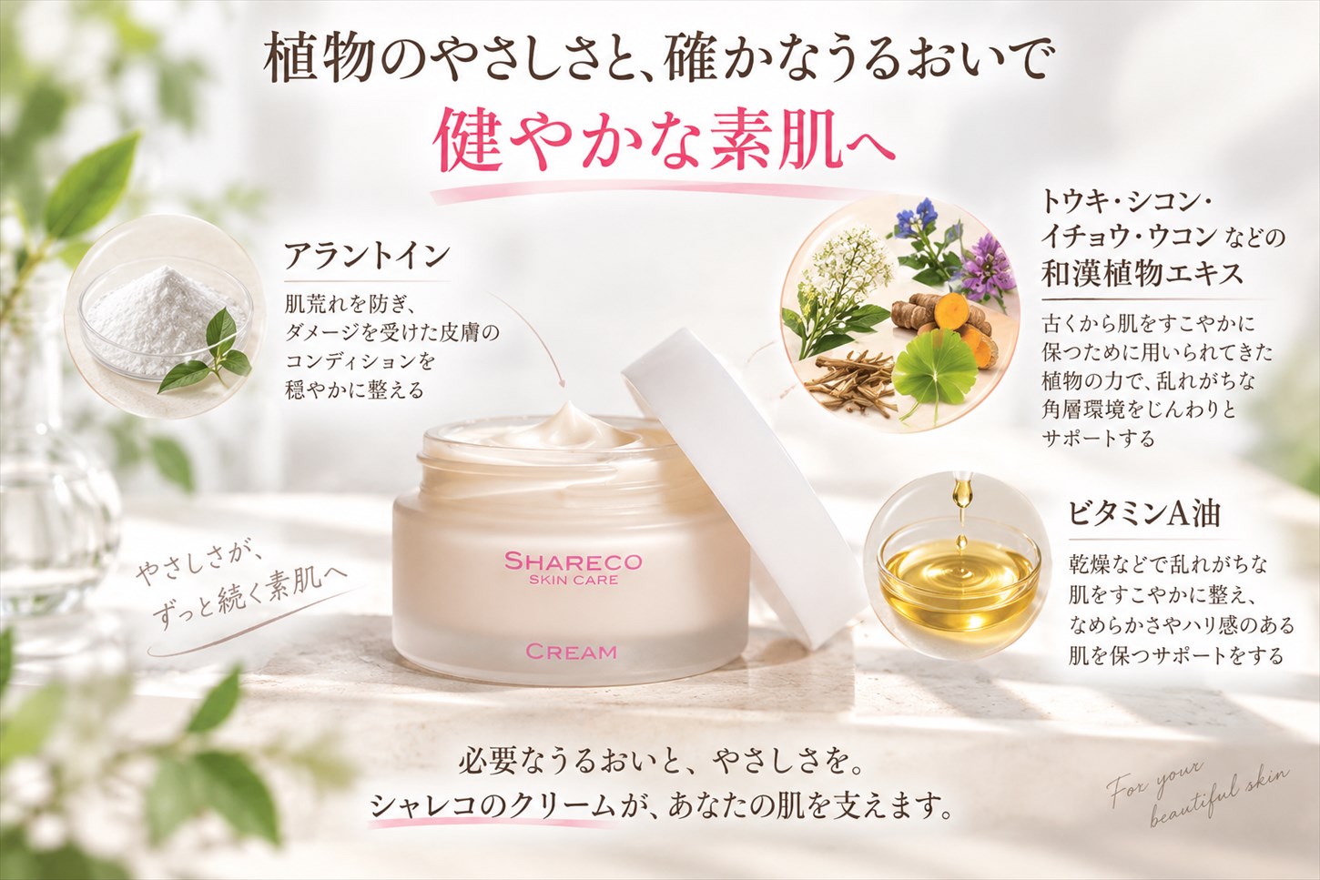 シャレコクリームには、荒れやすい大人の肌をいたわり、健やかな角層の土台作りに欠かせない成分を贅沢に組み込んでいる